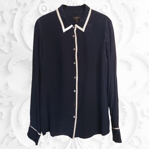 J. Crew Women's Navy 100% Silk Button Up Collared Long Sleeve Blouse With White